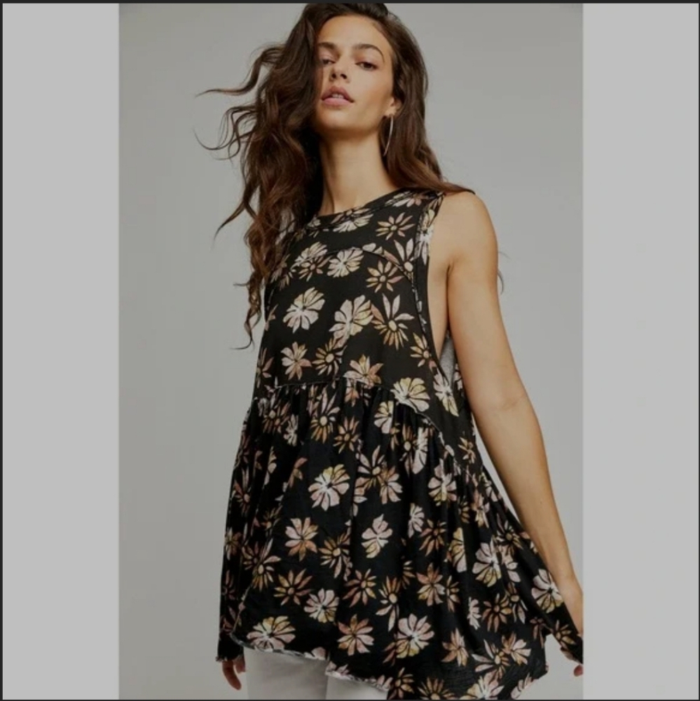 Free People Madison Floral Print Babydoll Tank in Black Size XS